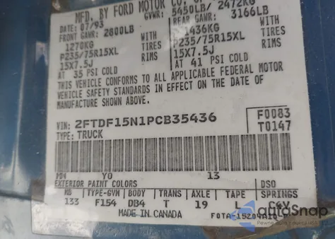 1993 Ford F150 from USA, damaged, VIN 2FTDF15N1PCB35436